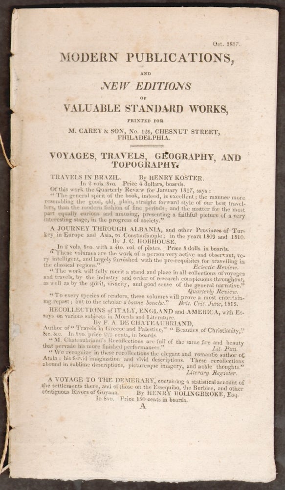 Item #14934 Modern Publications and New Editions of Valuable Standard Works, Printed for M. Carey & Son, No. 126 Chestnut Street, Philadelphia. Oct. 1817. BOOKS.