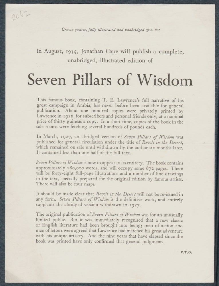 Item #16362 In August, 1935, Jonathan Cape will publish a complete, unabridged, illustrated edition of Seven Pillars of Wisdom. T. E. Lawrence, Prospectus.