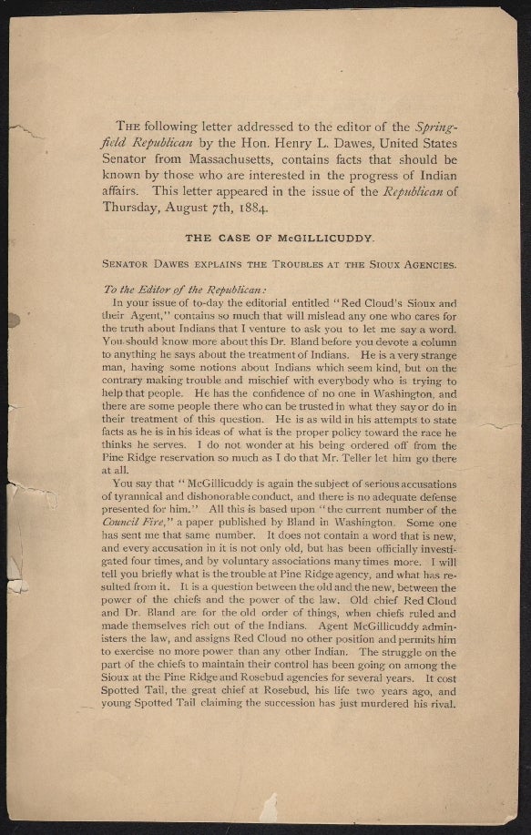 Item #19134 The Case of McGillicuddy. Senator Dawes Explains the Troubles at the Sioux Agencies. NATIVE AMERICANS, Henry L. Dawes.