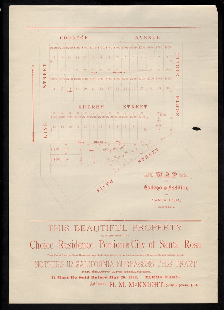 Item #19146 Map of College Addition to Santa Rosa, California. REAL ESTATE CALIFORNIA.