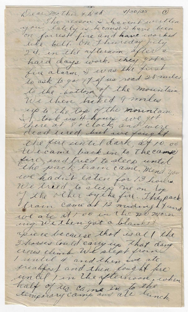 Item #19526 Letter from A Young Man Fighting a Forest Fire at a Wyoming CCC Camp, 1935. CIVILIAN CONSERVATION CORPS, FIRE FIGHTING, WYOMING.