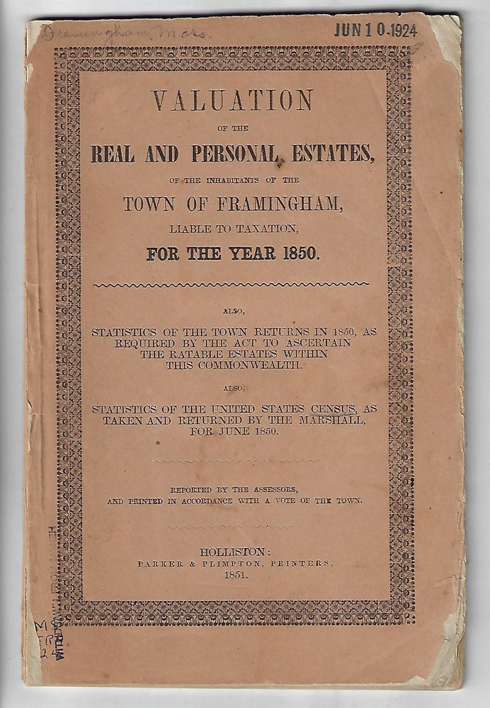 Item #19531 Valuation of the Real and Personal Estates of the Inhabitants of the Town of Framingham Liable to Taxation for the Year 1850...