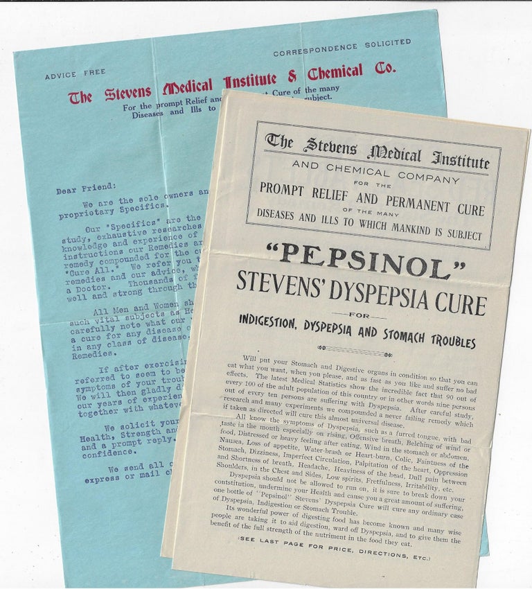 Item #19627 Small Archive of Ephemera Relating to the Stevens Medical Institute and Chemical Company of Baltimore, ca. 1905. QUACKERY.