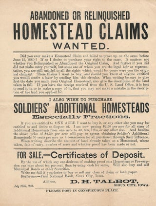 Item #19756 Abandoned or Relinquished Homestead Claims Wanted...I Also Wish to Purchase Soldiers'...