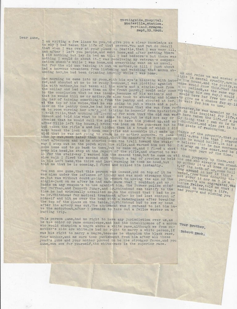 Item #19810 Original Letter from a Murderer to His Sister, Explaining Why He Killed Their Father. Enio Robert Mack.