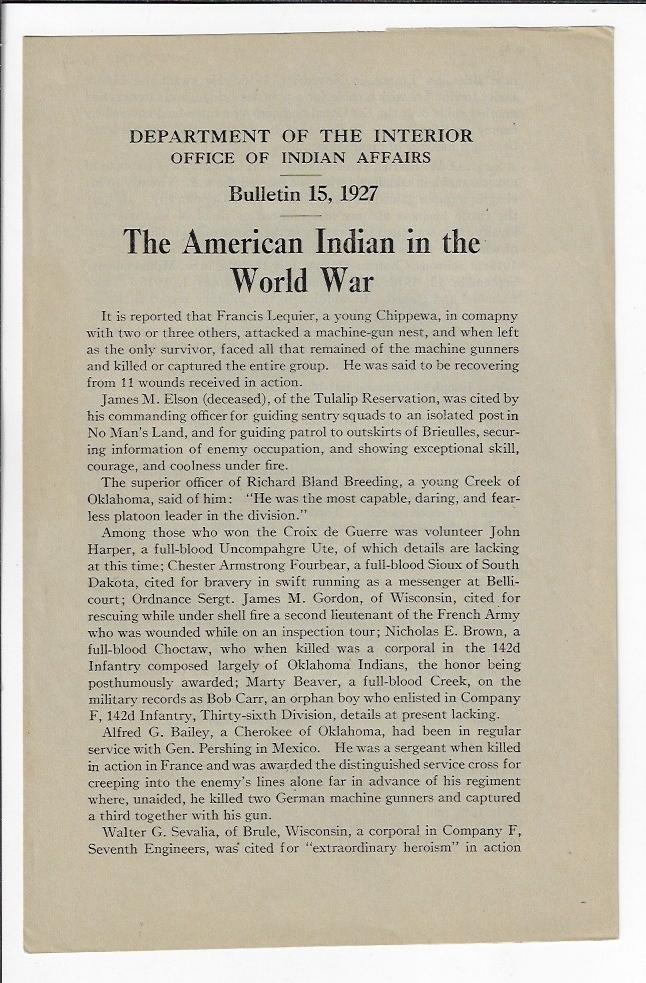 Item #19872 The American Indian in the World War. NATIVE AMERICANS WORLD WAR I, PATERNALISM.