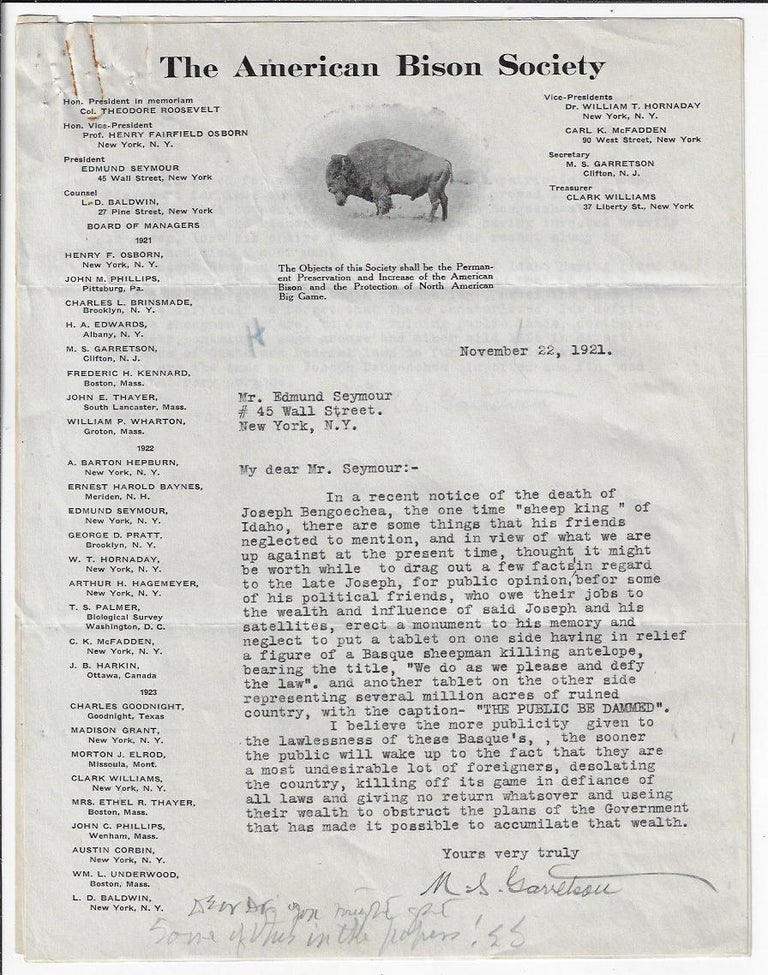 Item #20045 Signed Letter and Position Statement from the Secretary of the American Bison Society on the Destruction of Wildlife Habitat in the West. WILDLIFE CONSERVATION, Martin S. Garretson.