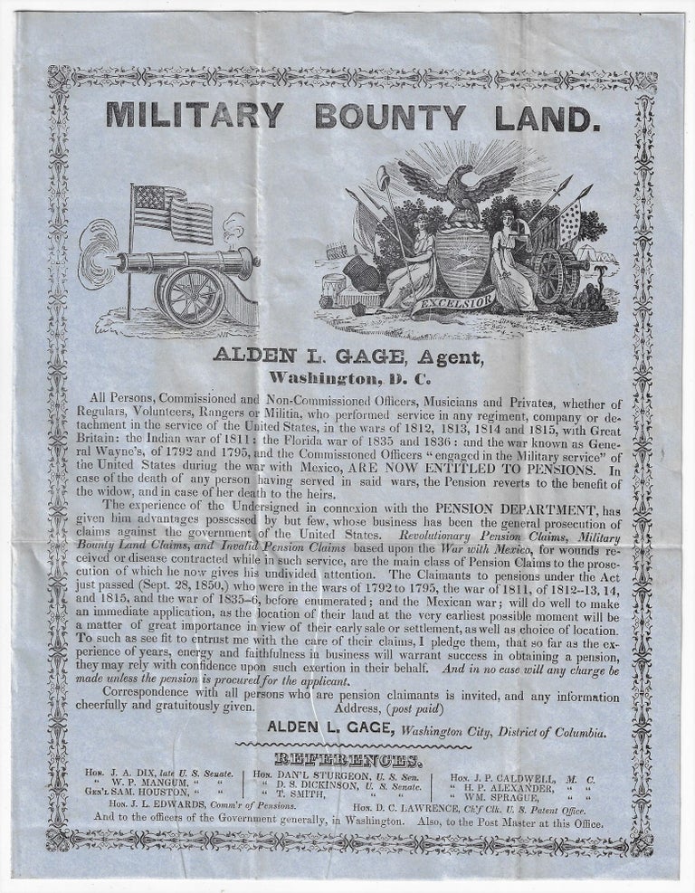 Item #20762 Military Bounty Land, Alden L. Gage, Agent. BOUNTY LANDS.