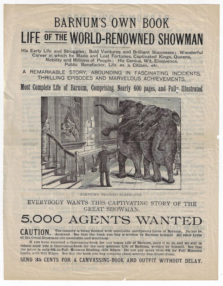 Item #20775 Barnum's Own Book, Life of the World-Renowned Showman. BOOK TRADE, P. T. BARNUM.