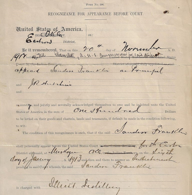 Item #20866 Legal Document Regarding a "Black Indian" Charged with Operating an Illegal Distillery and Later Lynched by a Mob. AFRICAN AMERICANS, OKLAHOMA.