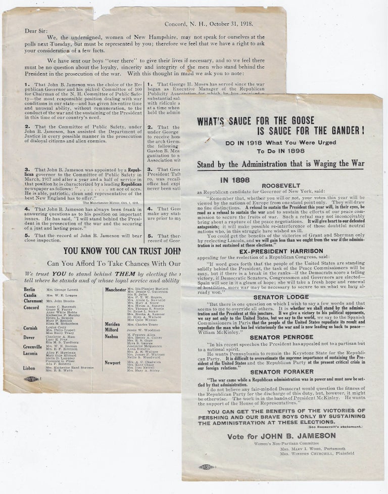 Item #21374 New Hampshire Suffragettes Campaign for John B. Jameson, Pro-Suffrage Candidate for the U.S. Senate, 1918