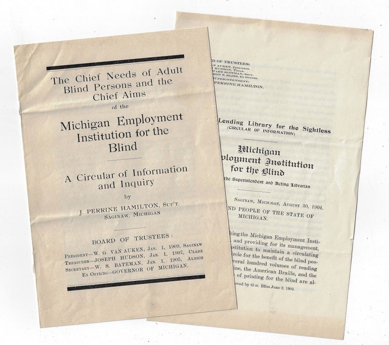Item #21820 Two Circulars from the Michigan Employment Institution for the Blind (Aims of the Institution, Plan for a Lending Library