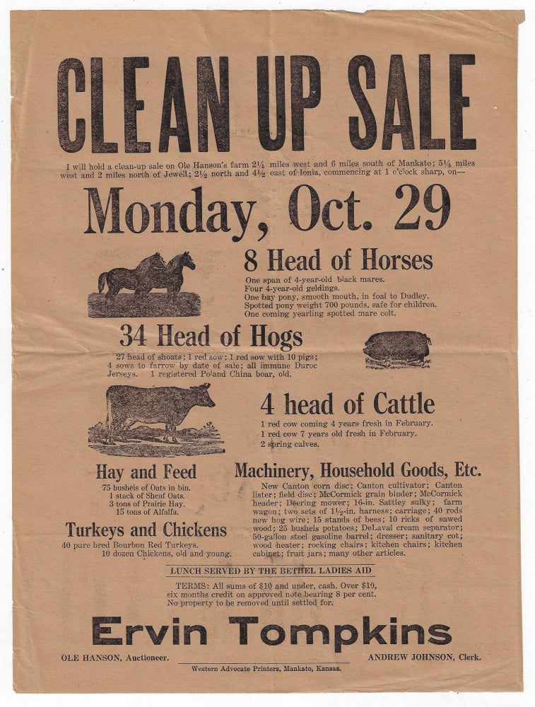 Item #21876 Clean Up Sale, Monday Oct. 29, 8 Head of Horses, 34 Head of Hogs, 4 Head of Cattle, Hay and Feed, Turkeys and Chickens, Machinery and Household Goods. KANSAS.