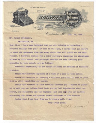 1898 Brown's Business College Circular, with Cover Letter and Mailing Envelope